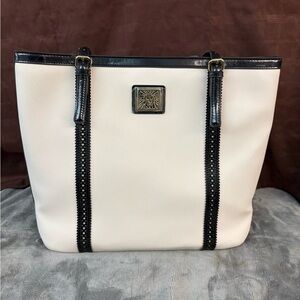 Anne Klein White & Black Structured Tote Bag Polka Dot Lining Like New